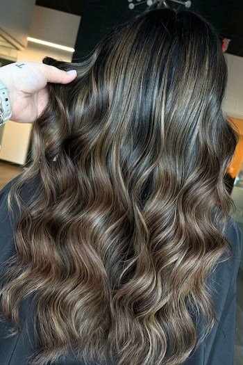 Dark Brunette With Subtle Caramel Highlights hair color on a woman with long brown hair, from back.