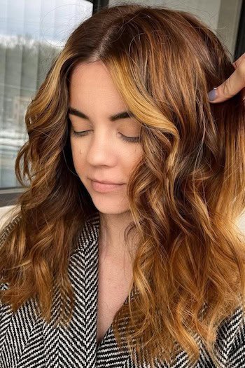 Warm Chestnut Brunette With Honey Highlights hair color on a woman with brown hair.