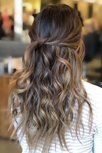 Brunette With Balayage Highlights hair color on a woman with long brown hair, from back.