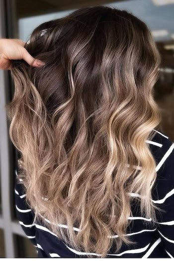 Dark Ash Brown With Sandy Blonde Balayage hair color on a woman with long brown hair, from back.