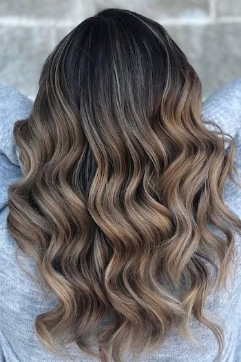 Dark Brown Hair with Caramel Balayage Highlights hair color on a woman with long brown hair, back view.