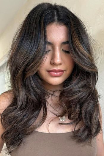 Dark Brown Hair With Light Caramel Face-Framing Layers hair color on a woman with brown hair.