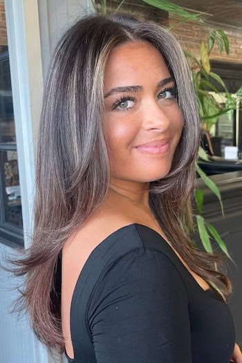 Cool Ash Brown Hair With Platinum Blonde Highlights hair color on a woman with brown hair.